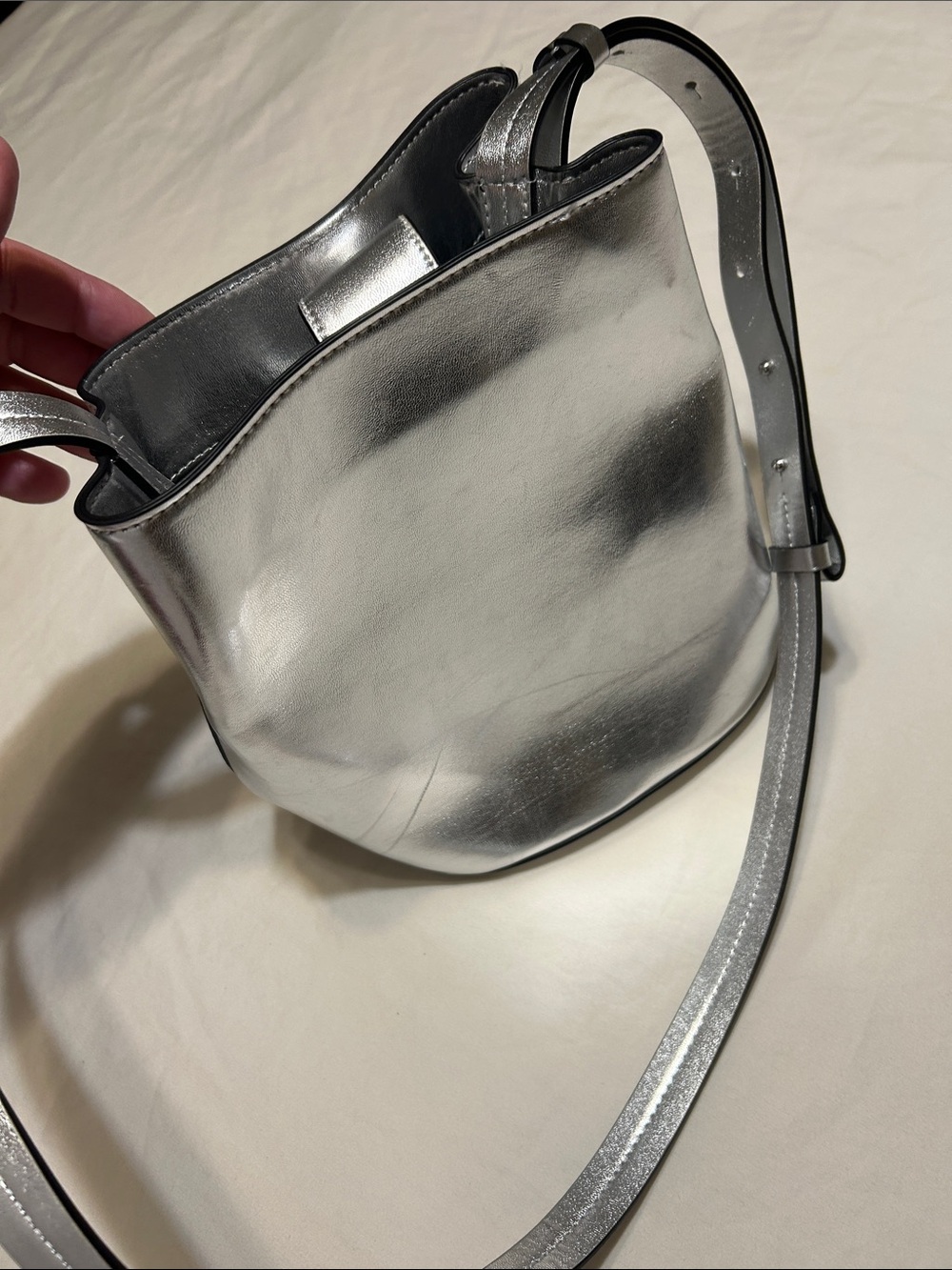 French Connection Silver Metallic Leather Crossbody Bucket Bag